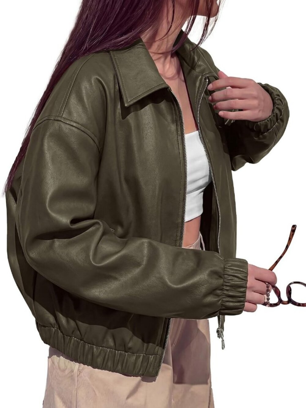 Chic Oversized Fall Faux Leather Bomber Jacket for Women - Zip Up Style